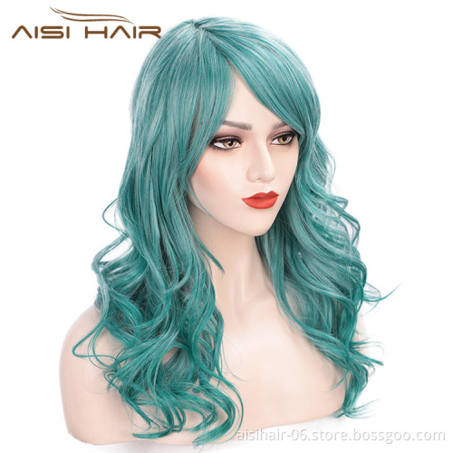Aisi Hair Synthetic Long Wavy Lake Blue Wig for Woman Cosplay Wig Grey Green Blue Heat Resistant Fiber Wigs